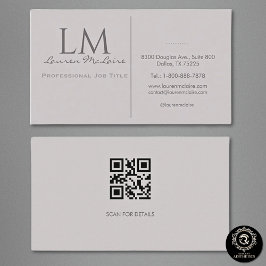 Tarjeta De Visita Professional QR Code Monogram Taupe Gray