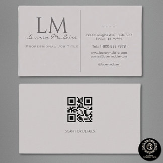 Tarjeta De Visita Professional QR Code Monogram Taupe Gray