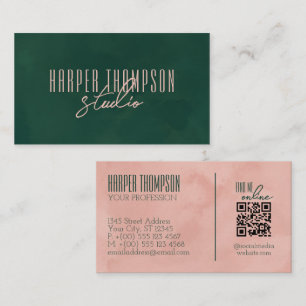 Tarjeta De Visita Profundo Verde y Rosa Script de Firma con Estilo