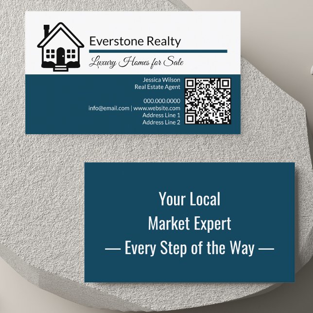 Tarjeta De Visita Propiedad inmobiliaria de código QR profesional (Modern real estate business card with home logo, QR code, custom details & catchy back hook design.)