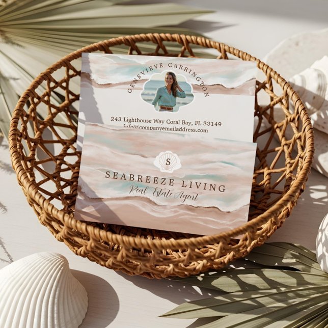 Tarjeta De Visita Propiedades costeras de la playa de Costal Foto Bi (Watercolor Costal Beach Shoreline Real Estate Business Card)