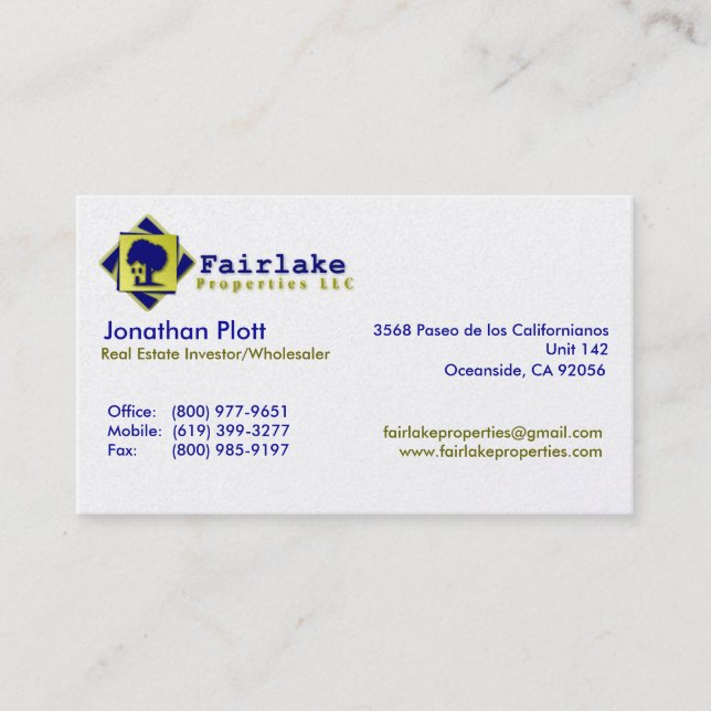 Tarjeta De Visita Propiedades de Fairlake: Profesional (Anverso)