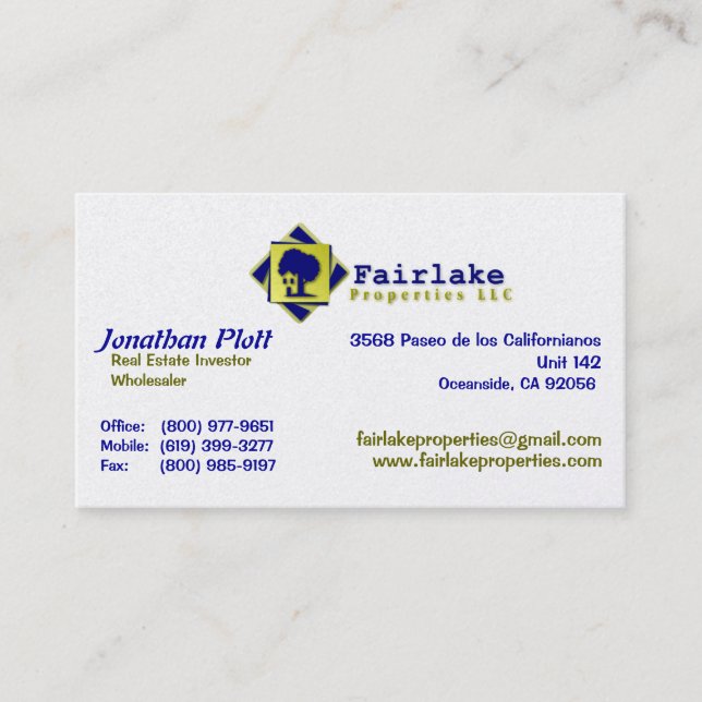 Tarjeta De Visita Propiedades de Fairlake: Profesional (Anverso)
