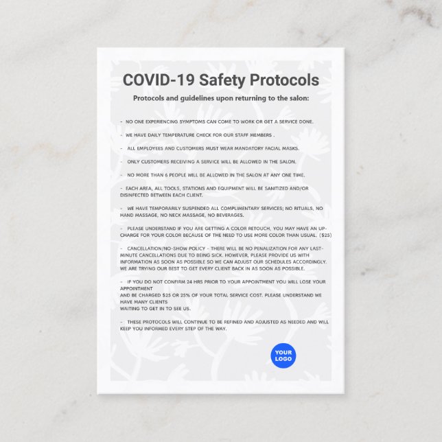 Tarjeta De Visita Protocolo de seguridad de la cabina simple COVID19 (Anverso)