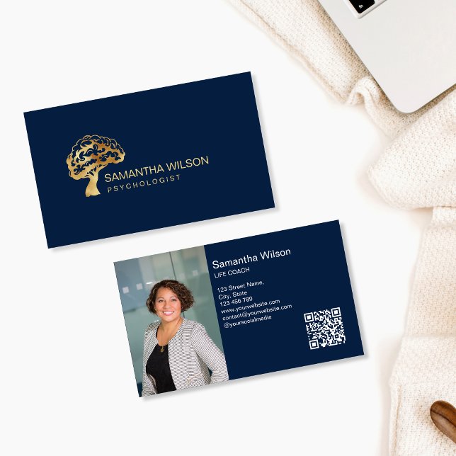 Tarjeta De Visita Psicólogo Cerebro Terapia Psiquiatra Código QR (gold brain tree logo)