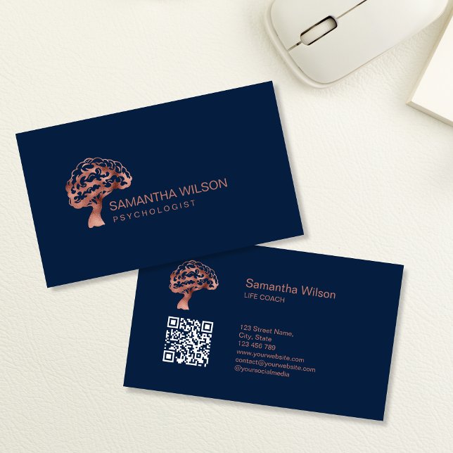 Tarjeta De Visita Psicólogo Cerebro Terapia Psiquiatra Código QR (ROSE GOLD BRAIN TREE LOGO)