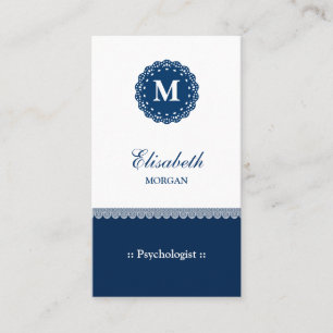 Tarjeta De Visita Psicólogo Elegante Monograma de encaje azul