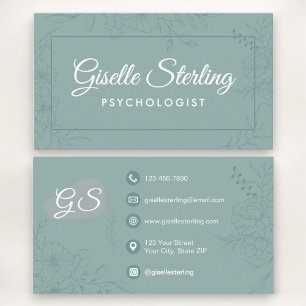 Tarjeta De Visita Psicólogo Floral Botánico Verde Turquesa