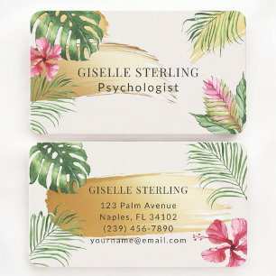 Tarjeta De Visita Psicólogo Palmeras Tropicales Doradas