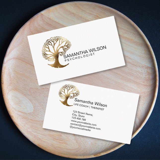 Tarjeta De Visita Psicólogo Terapista entrenador de vida Psiquiatra (gold brain tree logo business card)