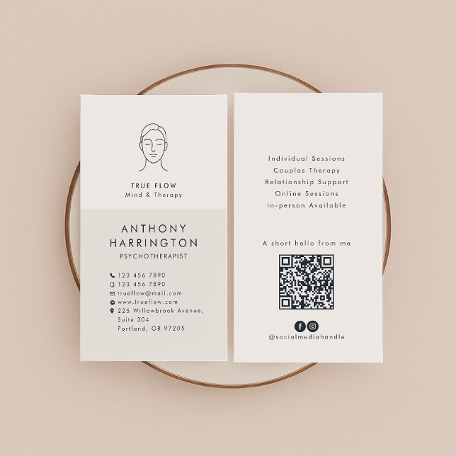 Tarjeta De Visita Psicoterapeuta moderna, código QR, iconos SM (Subido por el creador)