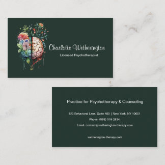Tarjeta De Visita Psicoterapeuta Psicólogo Cerebro Floral Elegante