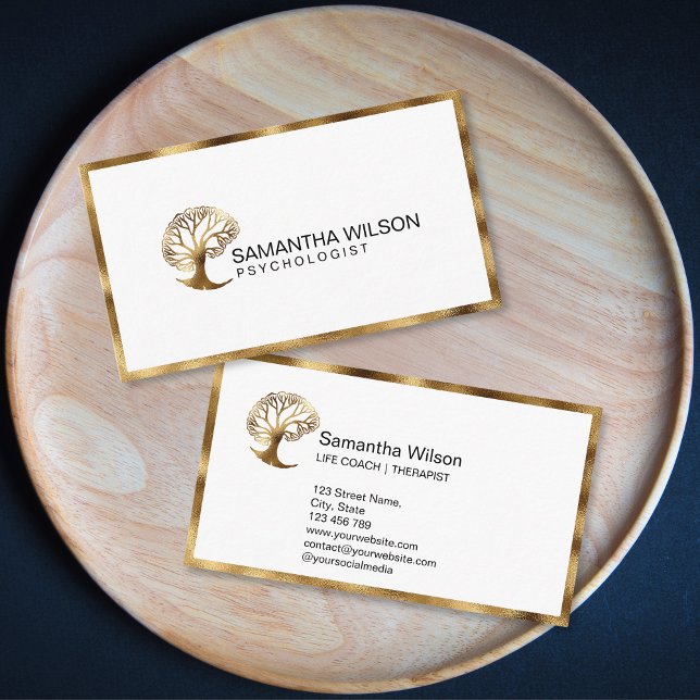 Tarjeta De Visita Psiquiatra del entrenador de vida del psicólogo ce (gold brain tree logo)