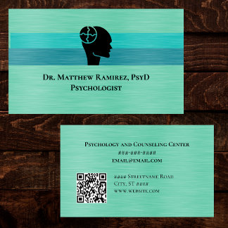 Tarjeta De Visita Psychologist Psychiatrist Teal Faux Metal QR Code