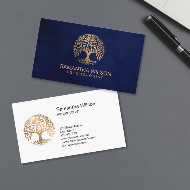 Tarjeta De Visita Psychologist Therapy Counselor Psychiatrist Brain  (brain incorporated in the circle tree shape, gold therapist logo design)
