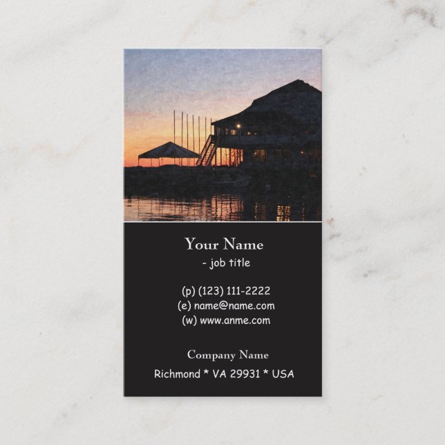 Tarjeta De Visita puesta de sol junto al lago con edificios con deck (Anverso)