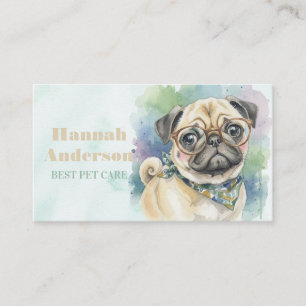 Tarjeta De Visita Pug adorable con gafas en acuarela