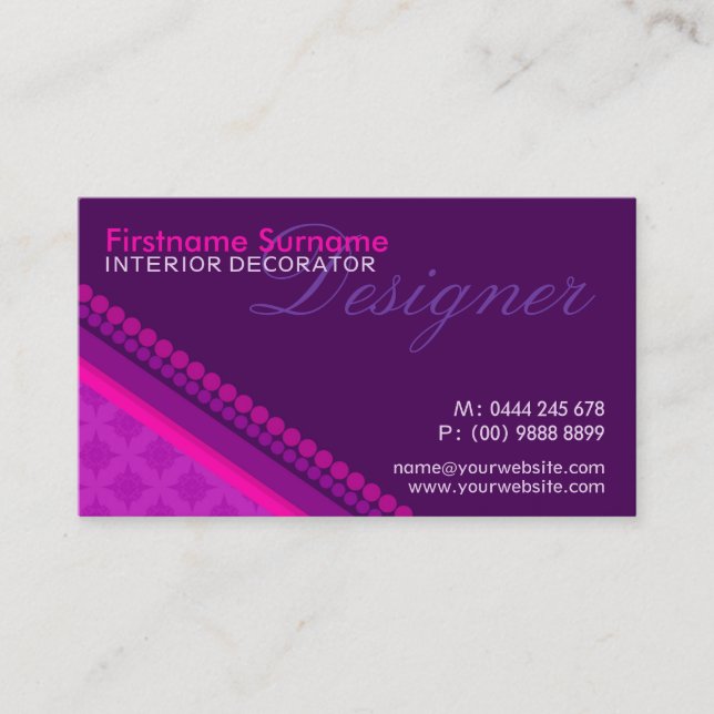 Tarjeta De Visita Punto de Damasco Púrpura Rosa Diseñador de estilo  (Anverso)