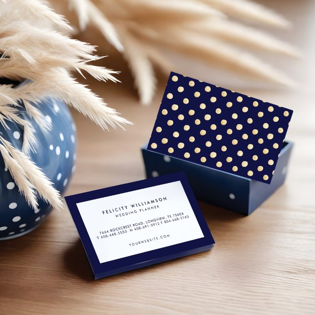 Tarjeta De Visita Punto de polka azul y dorado de la marina minimali (Modern Minimalistic Navy Blue & Gold Polka Dot Business Card)