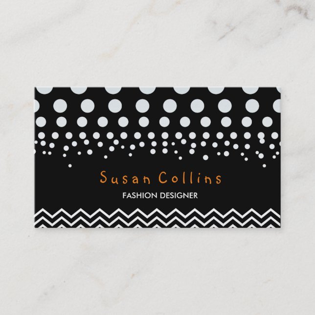 Tarjeta De Visita Puntos de polka y elegante moda blanca negra de Ch (Anverso)