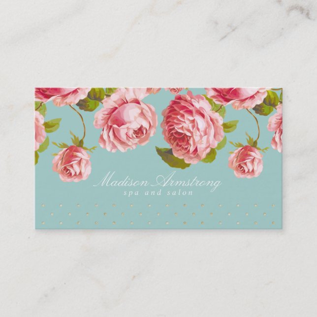 Tarjeta De Visita Puntos elegantes del oro y rosas rosados de (Anverso)