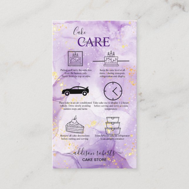 Tarjeta de visita Purple Aesthetic Cake Care (Anverso)