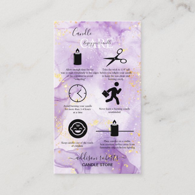 Tarjeta de visita Purple Aesthetic Candle Care (Anverso)