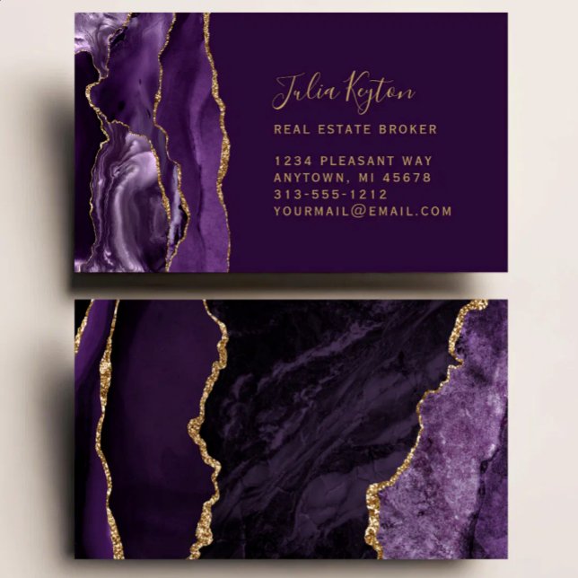 Tarjeta De Visita Purple Agate Geode Gold Glitter Real Estate (Subido por el creador)
