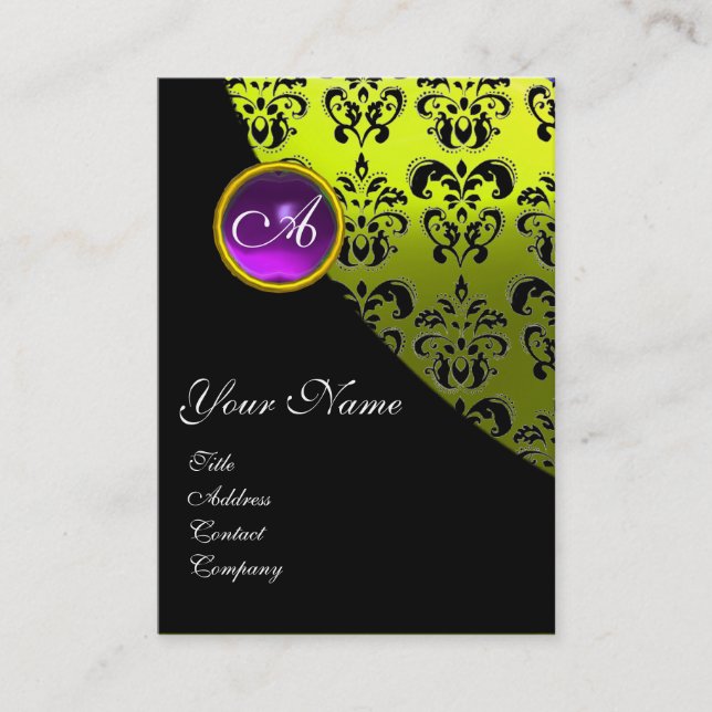 Tarjeta De Visita PURPLE AMETHYST DAMASK MONOGRAM, amarillo (Anverso)