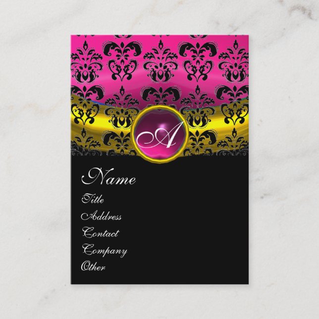 Tarjeta De Visita PURPLE AMETHYST DAMASK MONOGRAM, oro fuchsia (Anverso)