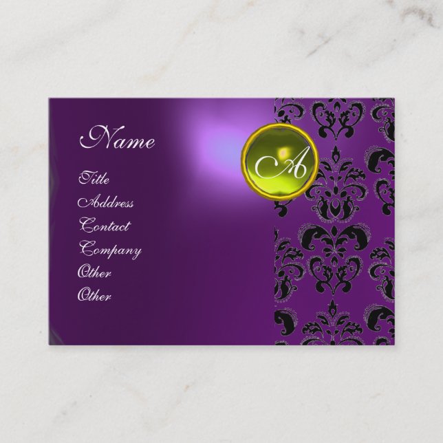 Tarjeta De Visita PURPLE DAMASK AMARILLO TOPAZ MONOGRAM, violeta (Anverso)