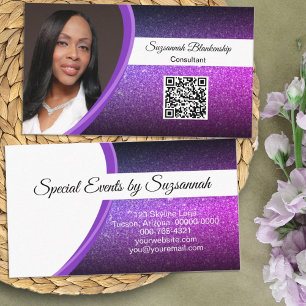 Tarjeta De Visita Purple Faux Purpurina Professional Photo QR Code
