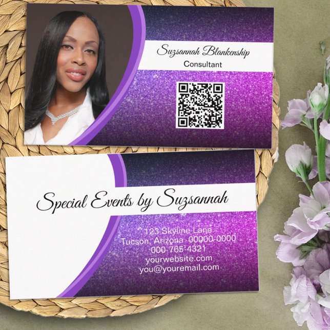 Tarjeta De Visita Purple Faux Purpurina Professional Photo QR Code (Simply add a photo and QR code with your personalized details to get your business information out.)