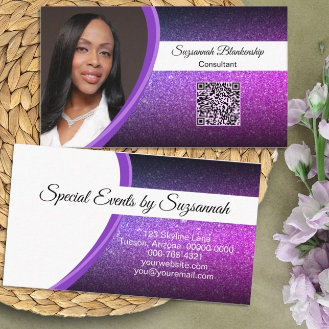 Tarjeta De Visita Purple Faux Purpurina Professional Photo QR Code (Personalize the text, add your QR code and photo so you can get out your business information. )