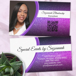 Tarjeta De Visita Purple Faux Purpurina Professional Photo QR Code