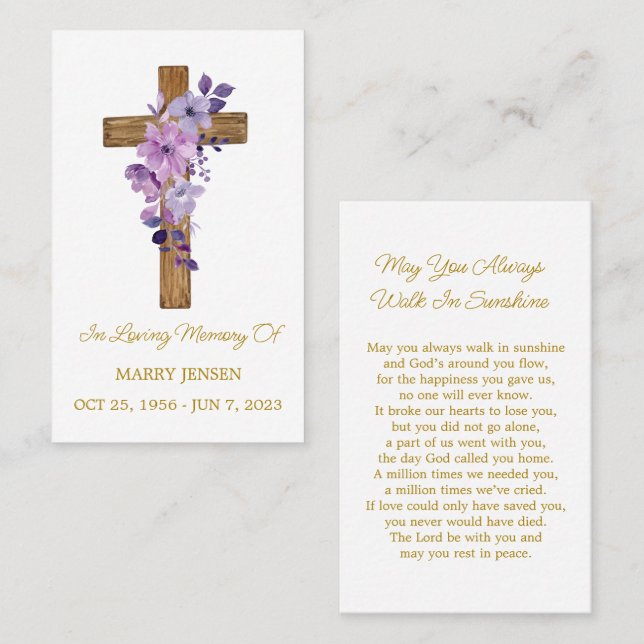 Tarjeta De Visita Purple flower Cross Memorial Funeral Prayer Card (Anverso / Reverso)