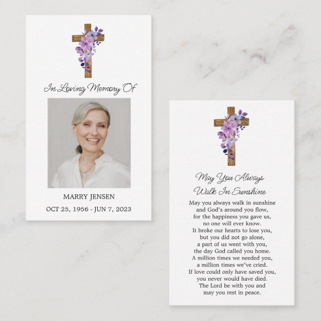 Tarjeta De Visita Purple Flower Cross Photo Funeral Prayer Card (Anverso / Reverso)
