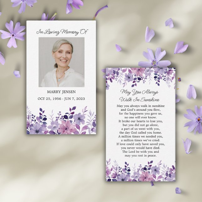 Tarjeta De Visita Purple Flower Memorial Photo Funeral Prayer Card (Subido por el creador)