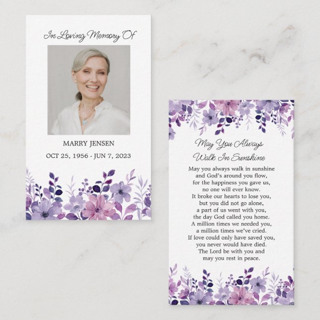 Tarjeta De Visita Purple Flower Memorial Photo Funeral Prayer Card (Anverso / Reverso)