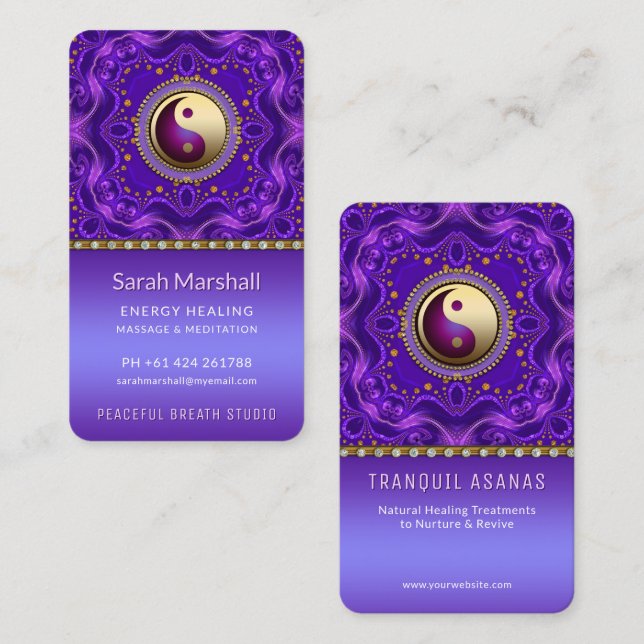 Tarjeta De Visita Purple Gold Mandala Tranquilidad Balance holístico (Anverso / Reverso)
