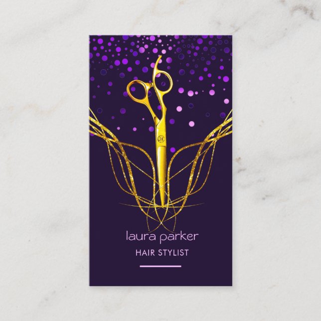 Tarjeta De Visita Purple Gold Scissor Hair Stylist Profesional (Anverso)