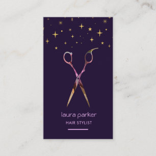 Tarjeta De Visita Purple Gold Scissor Hair Stylist Profesional
