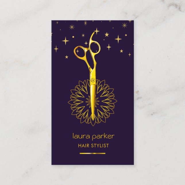 Tarjeta De Visita Purple Gold Scissor Hair Stylist Profesional (Anverso)
