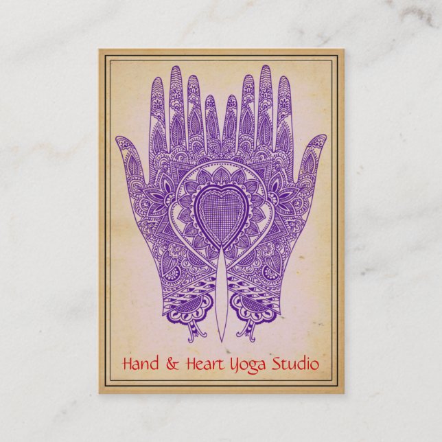 Tarjeta de visita Purple Henna Hands Yoga Studio (Anverso)