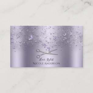 Tarjeta De Visita Purple Lilac Butterflies Silver Scissors Stylist