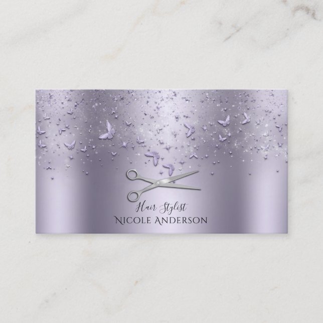 Tarjeta De Visita Purple Lilac Butterflies Silver Scissors Stylist (Anverso)