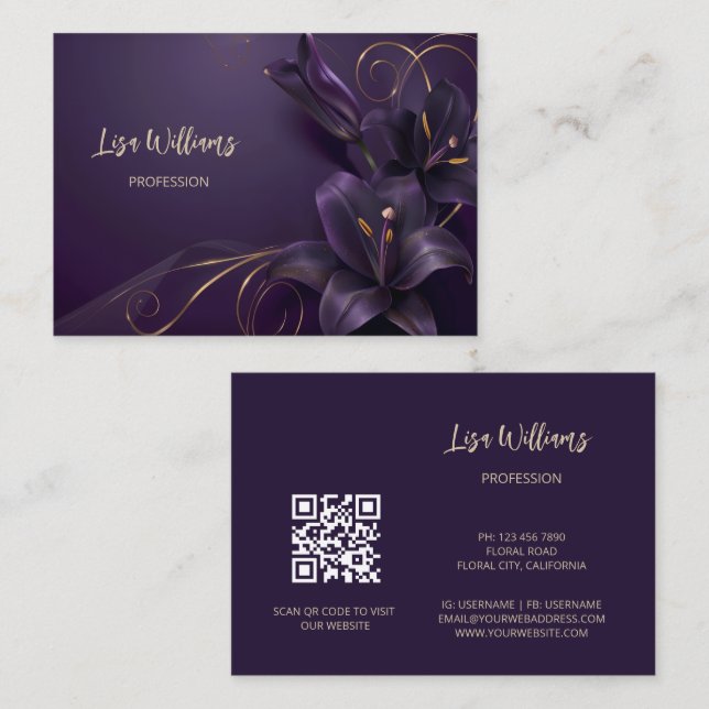 Tarjeta De Visita Purple Lilies Luxury | Flores 3D (Anverso / Reverso)