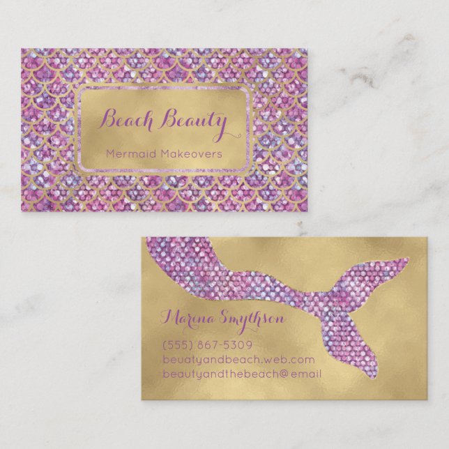 Tarjeta De Visita Purple Mermaid Business Card Gold y Sequin glam (Anverso / Reverso)