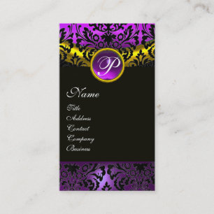 TARJETA DE VISITA PURPLE NEGRO AMARILLO AMETHYST DAMASK MONOGRAM