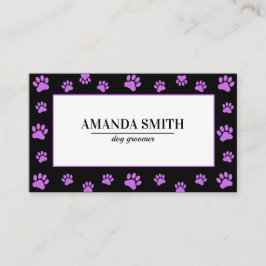 Tarjeta De Visita Purple Paw Prints Black Dog Groomer Business Card